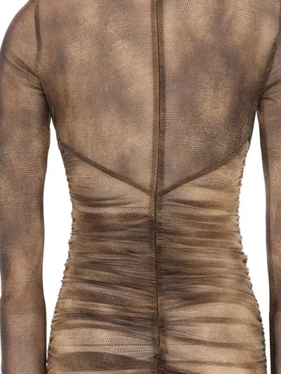 Elisabetta Franchi Dress In Tulle Fabric With Python Print And Necklace In Brown