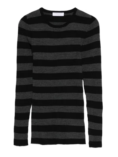Majestic Ribbed Knit Pullover With Classic Round Neckline In Subtle Grey Stripes In Multi