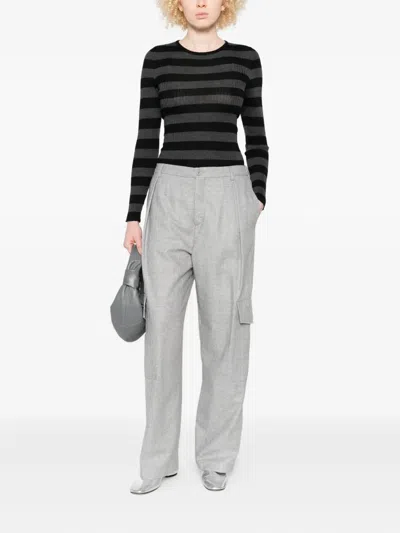 Majestic Ribbed Knit Pullover With Classic Round Neckline In Subtle Grey Stripes In Multi