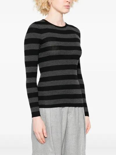 Majestic Ribbed Knit Pullover With Classic Round Neckline In Subtle Grey Stripes In Multi