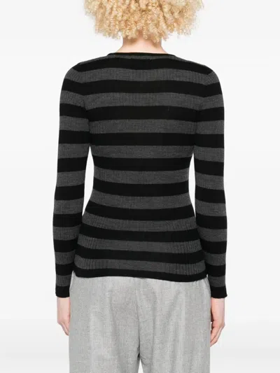 Majestic Ribbed Knit Pullover With Classic Round Neckline In Subtle Grey Stripes In Multi
