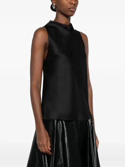 Vince Satin Top With Drop Collar And Diagonal Cut In Black