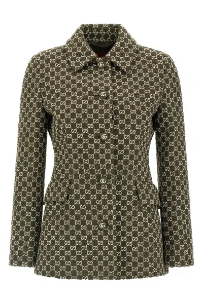 Gucci Monogram Patterned Cotton Blend Jacket In Green