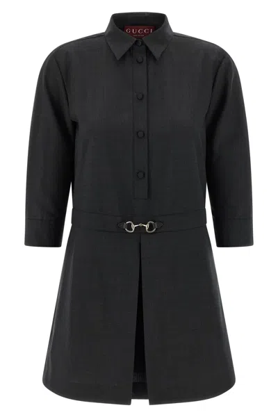 Gucci Womens Horsebit Long-sleeves Wool Mini Dress Ardesia Grey In Black