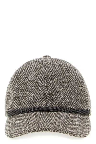 Brunello Cucinelli Bead-embellished Herringbone Wool-blend Tweed Cap In Brown