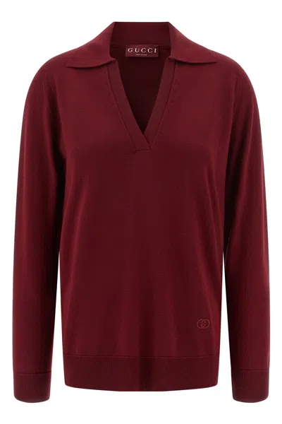 Gucci Women Ultrafine Wool Polo Shirt In Burgundy
