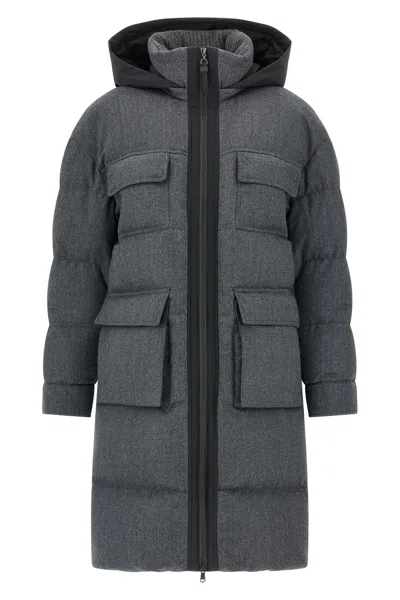 Brunello Cucinelli Shiny Zipper Pull Long Down Jacket In Animal Print