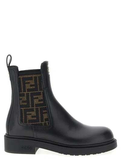 Fendi Black Leather And Ff Fabric Biker Jacket In Black