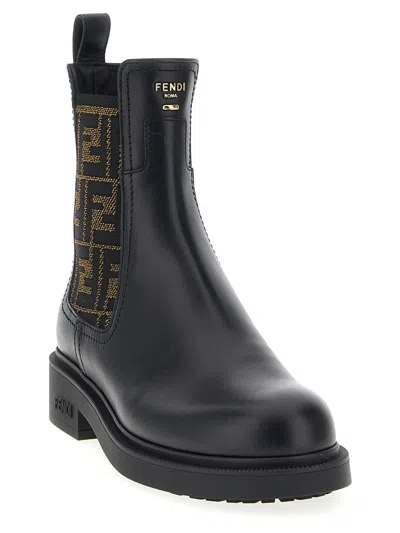 Fendi Black Leather And Ff Fabric Biker Jacket In Black