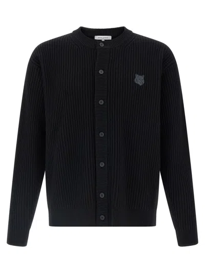 Maison Kitsuné Fox Head Wool Ribbed Cardigan Clothing In Black