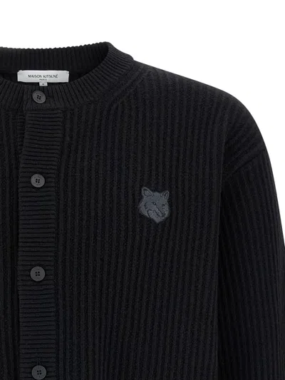 Maison Kitsuné Fox Head Wool Ribbed Cardigan Clothing In Black