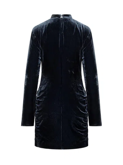 Rotate Birger Christensen Blue Mini Dress With High Neck And Rear Zip Closure In Velvet Woman In Animal Print