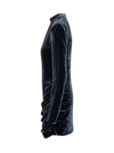 Rotate Birger Christensen Blue Mini Dress With High Neck And Rear Zip Closure In Velvet Woman In Animal Print