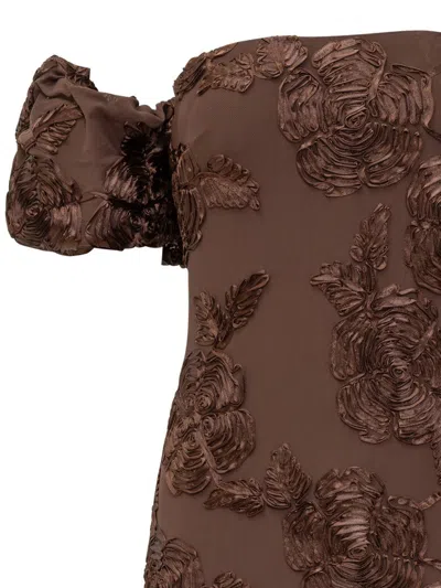 Rotate Birger Christensen Rotate Brown Long Dress With Embossed Flowers In Animal Print
