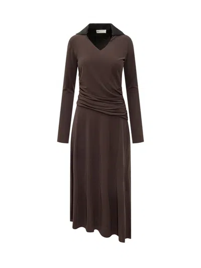 Tory Burch Brown Midi Dress With Contrast Collar In Animal Print