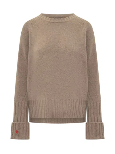 Tory Burch Ory Burch Beige Wool Sweater With Embroidered Logo In Animal Print