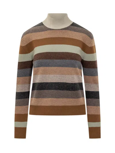 Tory Burch Striped Merino Wool Turtleneck Sweater With Ribbed Details In Brown