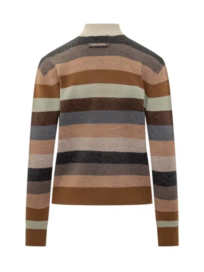 Tory Burch Striped Merino Wool Turtleneck Sweater With Ribbed Details In Brown