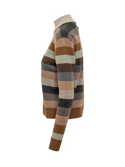 Tory Burch Striped Merino Wool Turtleneck Sweater With Ribbed Details In Brown