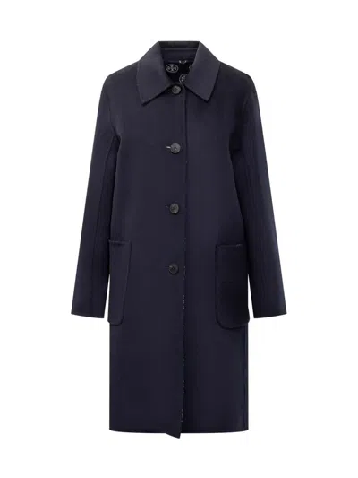 Tory Burch Jacquard Wool Coat With Monogram T In Blue