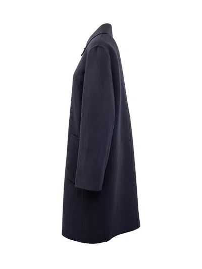 Tory Burch Jacquard Wool Coat With Monogram T In Blue