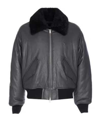 Ami Alexandre Mattiussi Leather Bomber Jacket Shearling Collar In Black