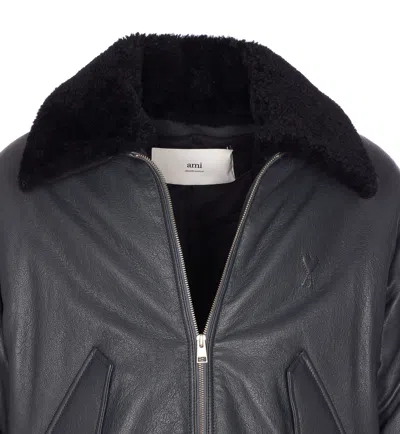 Ami Alexandre Mattiussi Leather Bomber Jacket Shearling Collar In Black