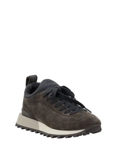 Brunello Cucinelli Suede Flannel Microsole Runner Sneakers With Monili Pull Tab In Brown