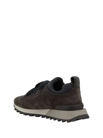 Brunello Cucinelli Suede Flannel Microsole Runner Sneakers With Monili Pull Tab In Brown