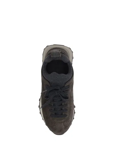 Brunello Cucinelli Suede Flannel Microsole Runner Sneakers With Monili Pull Tab In Brown