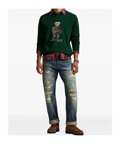 Polo Ralph Lauren Mens Fa25 Moss Holiday Bear Crewneck Bear-print Cotton-blend Sweatshirt In Green