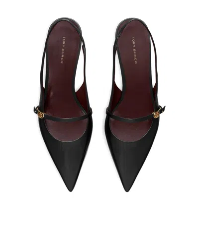 Tory Burch Double T Buckle Slingback Kitten Heel Sandals In Black