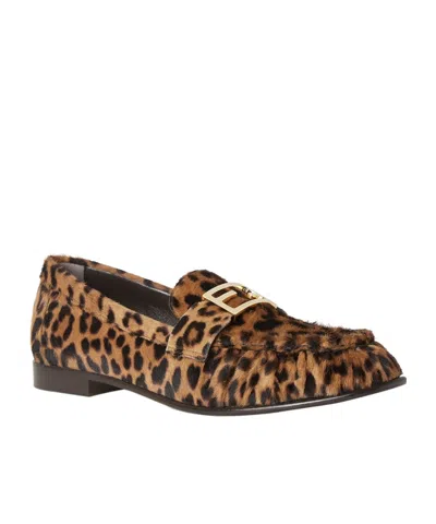 Fendi Women Brown Loafers With Ff Plaque And Leopard Motif In Brushed Leather Woman In Animal Print