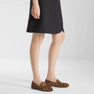 Fendi Women Brown Loafers With Ff Plaque And Leopard Motif In Brushed Leather Woman In Animal Print