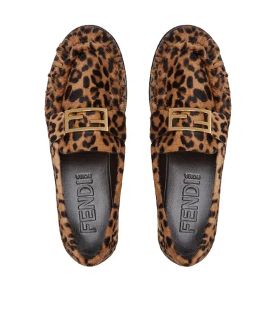 Fendi Women Brown Loafers With Ff Plaque And Leopard Motif In Brushed Leather Woman In Animal Print