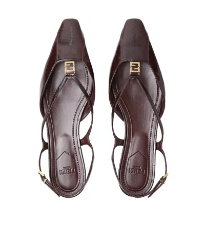 Fendi Leather Slingback Ballet Flats With Square Toe In Brown