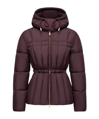 Moncler Estom Vertical-quilted Hooded Short Down Jacket In Burgundy