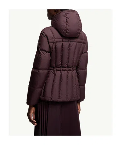 Moncler Estom Vertical-quilted Hooded Short Down Jacket In Burgundy