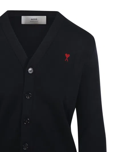 Ami Alexandre Mattiussi Navy Wool Ami De Coeur Cardigan In Black