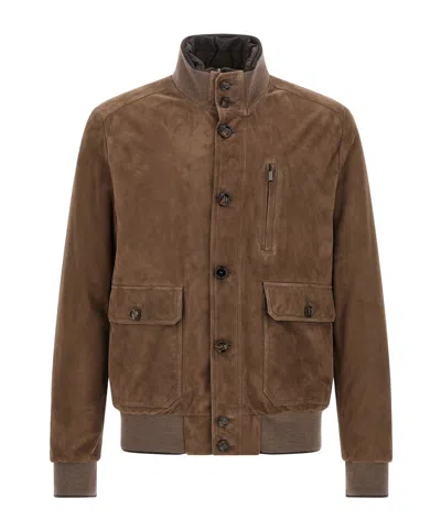 Moorer Buttoned High Neck Jacket In Brown