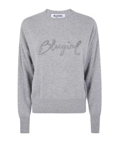 Blugirl Light Grey Knit Sweater With Cursive Logo Embellishment In Multi