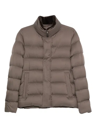 Herno Down Jacket With Faux Fur Collar In Brown