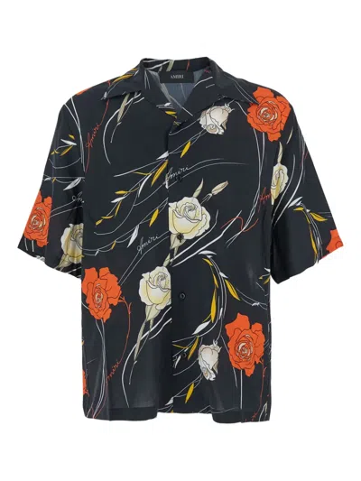 Amiri Men Black Bowling Shirt With Cuban Collar And All-over Floral Motif In Viscose Man In Black