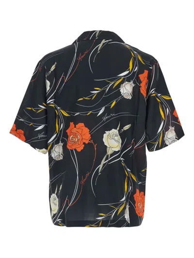 Amiri Men Black Bowling Shirt With Cuban Collar And All-over Floral Motif In Viscose Man In Black