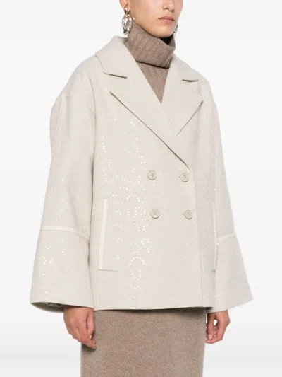 Liu •jo Short Double-breasted Coat With Wide Lapel In Neutral