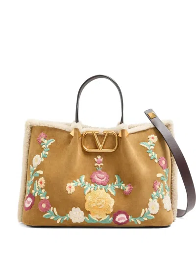 Valentino Medium Vlogo-signature Floral-embroidered Suede Tote Bag In Neutral