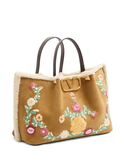Valentino Medium Vlogo-signature Floral-embroidered Suede Tote Bag In Neutral