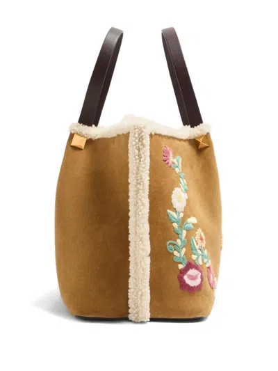 Valentino Medium Vlogo-signature Floral-embroidered Suede Tote Bag In Neutral