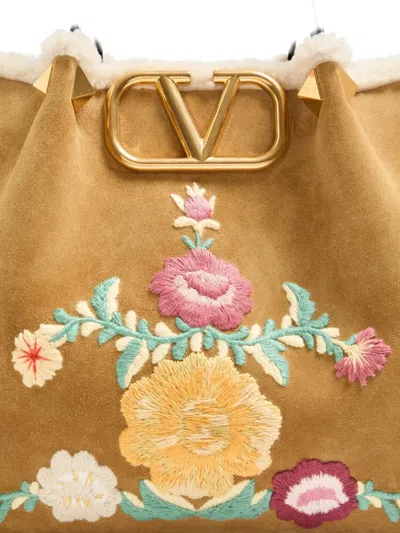 Valentino Medium Vlogo-signature Floral-embroidered Suede Tote Bag In Neutral