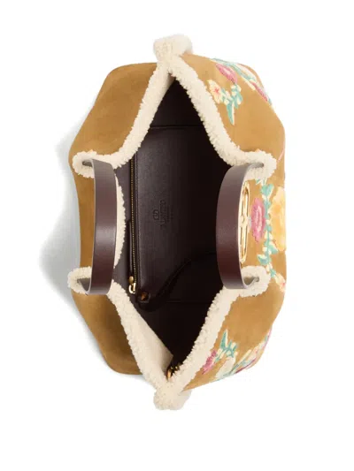 Valentino Medium Vlogo-signature Floral-embroidered Suede Tote Bag In Neutral